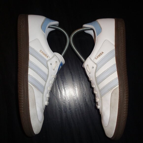 adidas Samba White and Light Blue Athletic Shoes - Picture 1 of 12